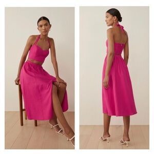 NWT REFORMATION Hot Pink Orzo Linen Two Piece Sleeveless Midi Dress US 2 Barbie